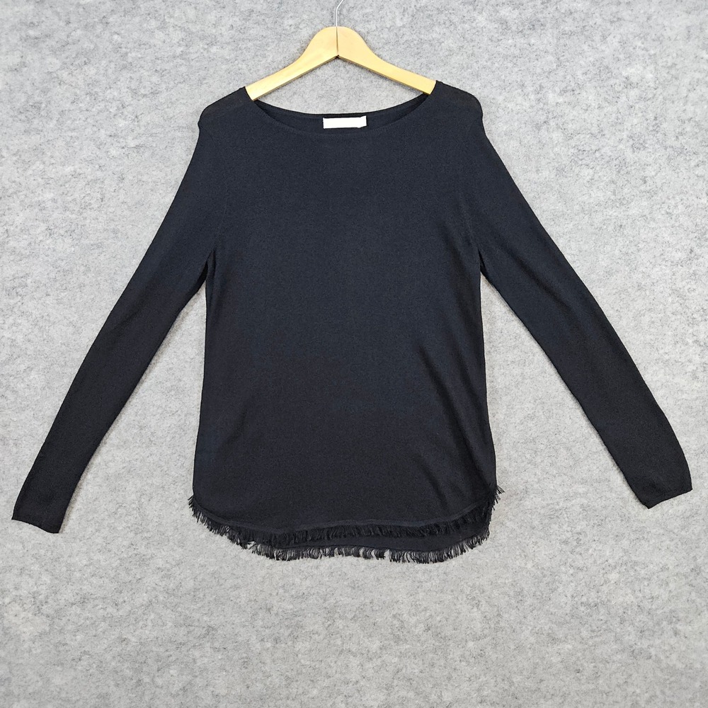 Christina Women's Fringe Hem Long‎ Sleeve Boat Neck Knit Sweater Black Size S